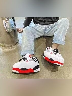 White and Red Plush Slipper Sneaker Shoes One Size fits all Unisex